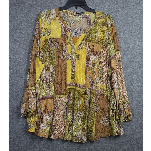 Ava & Grace 3X Mesh Tunic Paisley Floral Stretch Knit Blouse Pintuck V Neck Fall - Picture 1 of 5